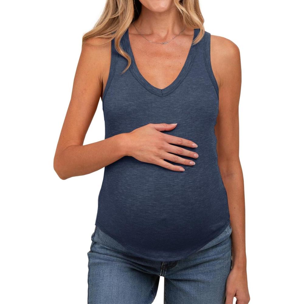 imageTankaneo Womens Maternity Tank Tops Sleeveless V Neck Ribbed Knit Shirts Fitted Summer Casual Curved Hem Pregnancy ClothesNavy