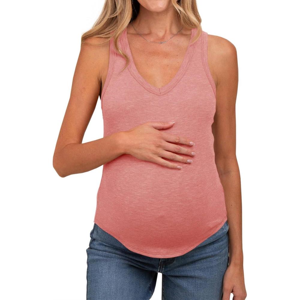 imageTankaneo Womens Maternity Tank Tops Sleeveless V Neck Ribbed Knit Shirts Fitted Summer Casual Curved Hem Pregnancy ClothesOrange Red