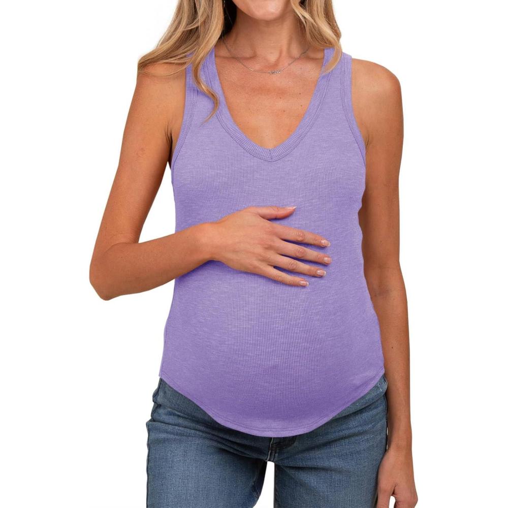 imageTankaneo Womens Maternity Tank Tops Sleeveless V Neck Ribbed Knit Shirts Fitted Summer Casual Curved Hem Pregnancy ClothesPurple