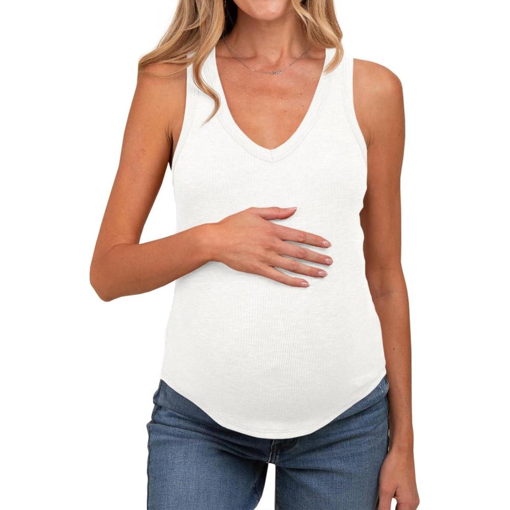 imageTankaneo Womens Maternity Tank Tops Sleeveless V Neck Ribbed Knit Shirts Fitted Summer Casual Curved Hem Pregnancy ClothesWhite