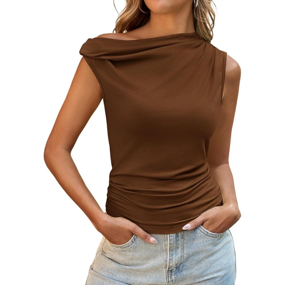 imageTankaneo Womens Off The Shoulder Tops Boat Neck Fitted Ruched Shirt Summer Trendy Y2K Going Out Tank TopsBrown