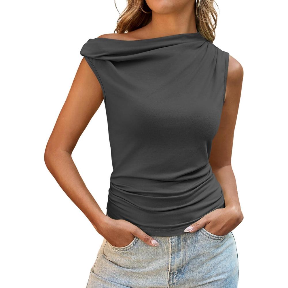 imageTankaneo Womens Off The Shoulder Tops Boat Neck Fitted Ruched Shirt Summer Trendy Y2K Going Out Tank TopsDark Grey