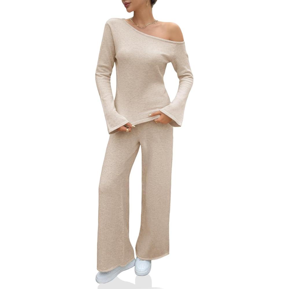imageTankaneo Womens Off the Shoulder 2 Piece Outfits Sweater Sets Bell Sleeve Tops Pants Casual Trendy Matching Lounge SetsBeige
