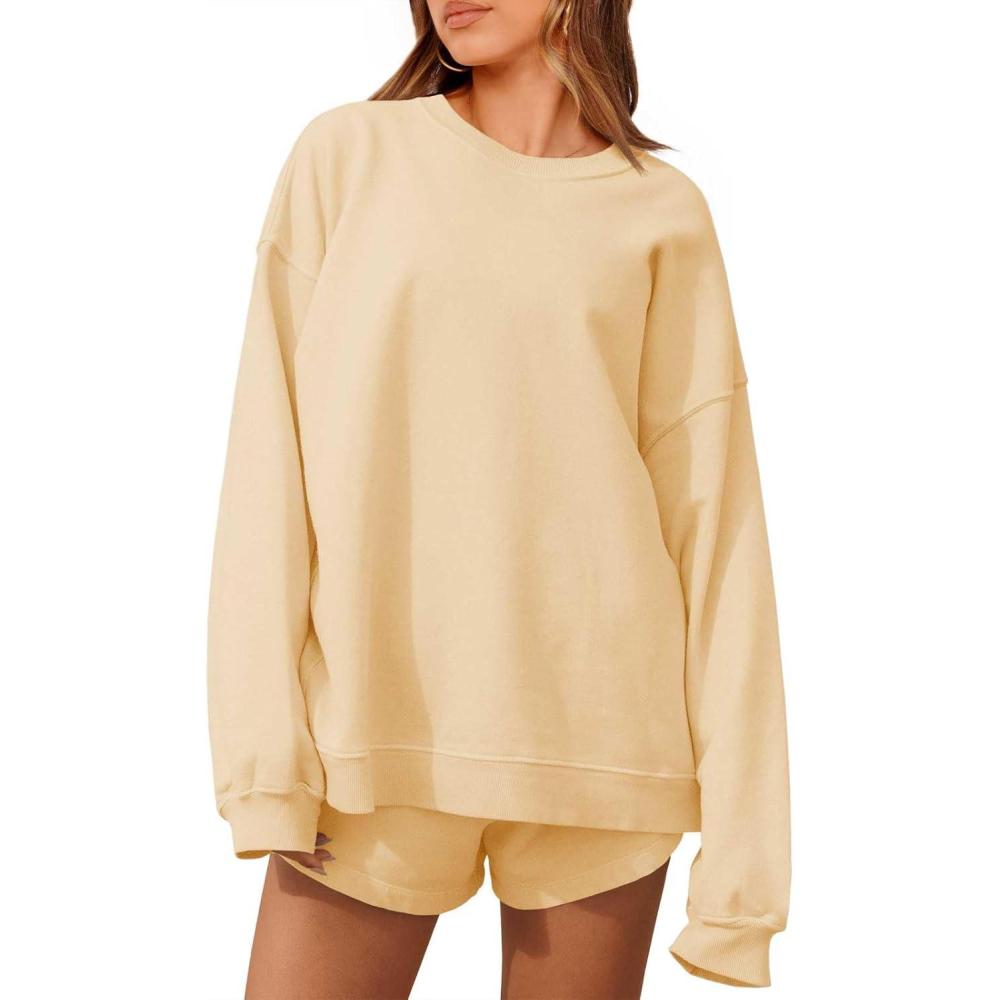 imageTankaneo Womens Oversized 2 Piece Outfits Sweatsuit Casual Long Sleeve Crewneck Sweatshirts Sweat Shorts Fall Lounge SetsApricot