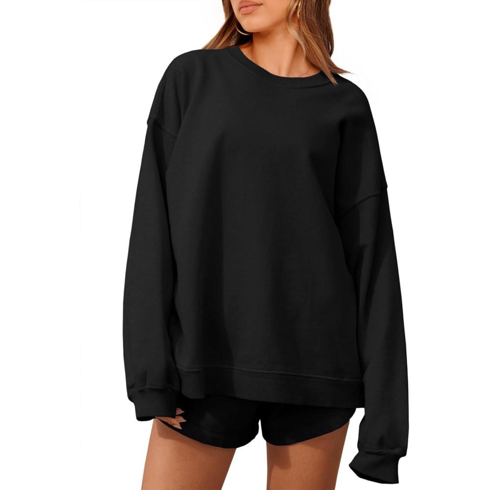 imageTankaneo Womens Oversized 2 Piece Outfits Sweatsuit Casual Long Sleeve Crewneck Sweatshirts Sweat Shorts Fall Lounge SetsBlack