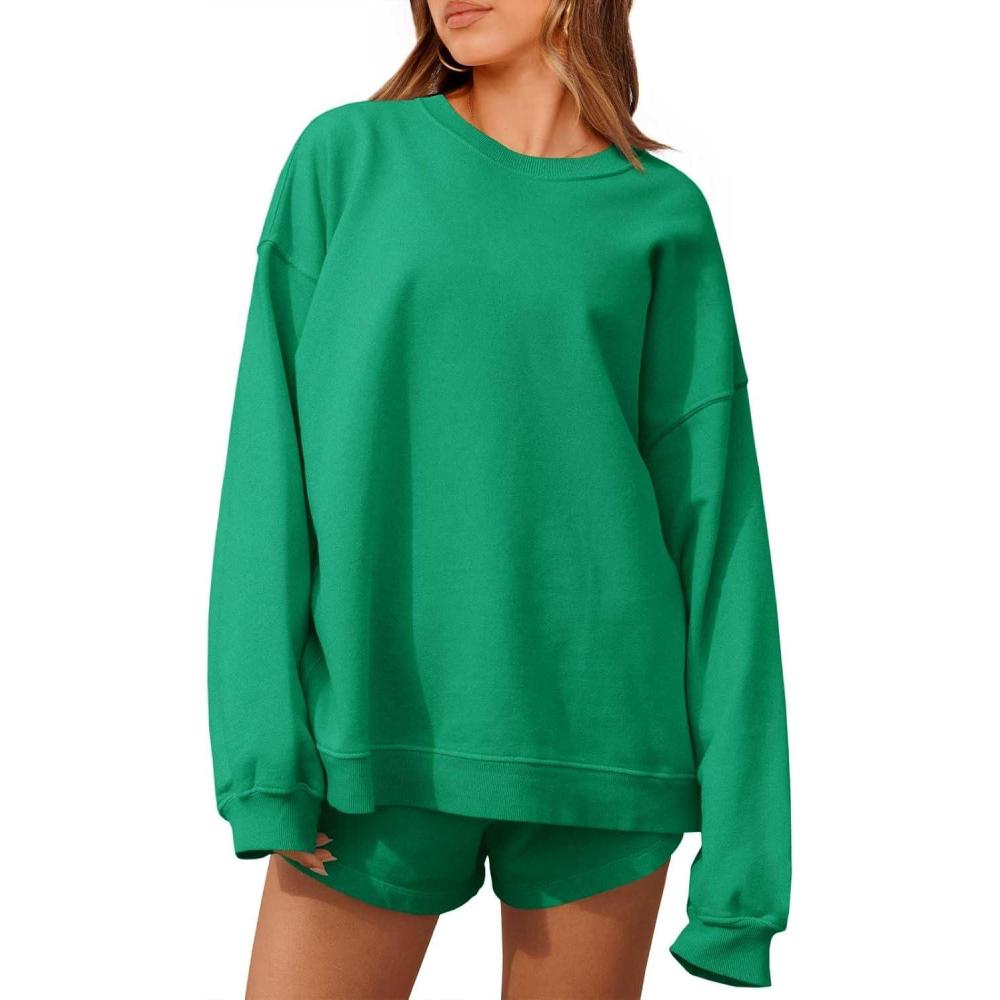 imageTankaneo Womens Oversized 2 Piece Outfits Sweatsuit Casual Long Sleeve Crewneck Sweatshirts Sweat Shorts Fall Lounge SetsGreen