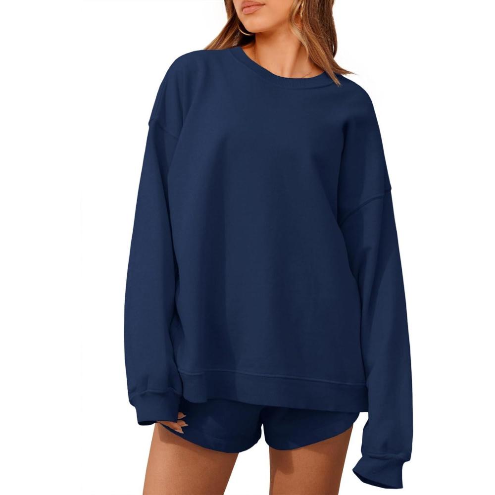 imageTankaneo Womens Oversized 2 Piece Outfits Sweatsuit Casual Long Sleeve Crewneck Sweatshirts Sweat Shorts Fall Lounge SetsNavy Blue