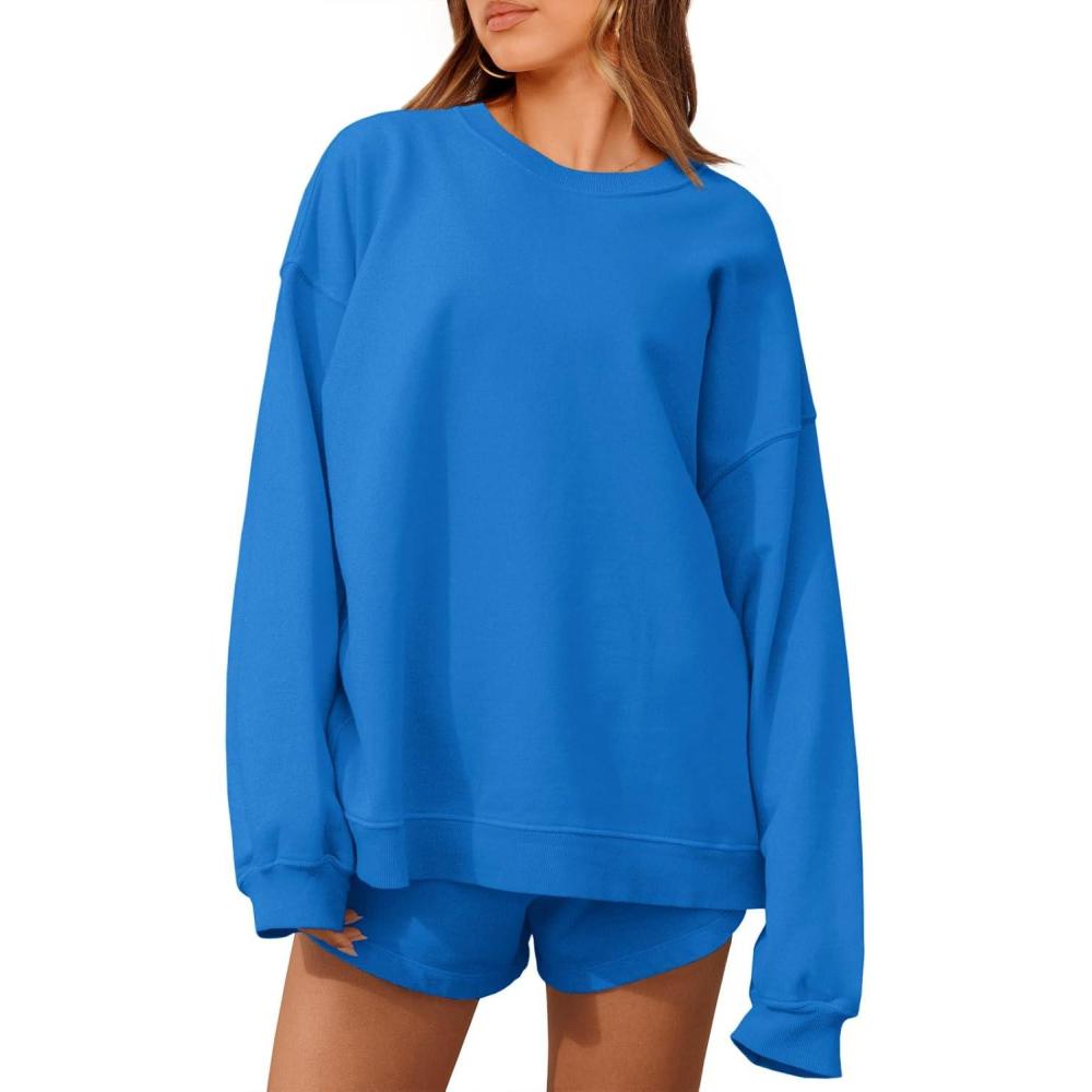 imageTankaneo Womens Oversized 2 Piece Outfits Sweatsuit Casual Long Sleeve Crewneck Sweatshirts Sweat Shorts Fall Lounge SetsRoyal Blue