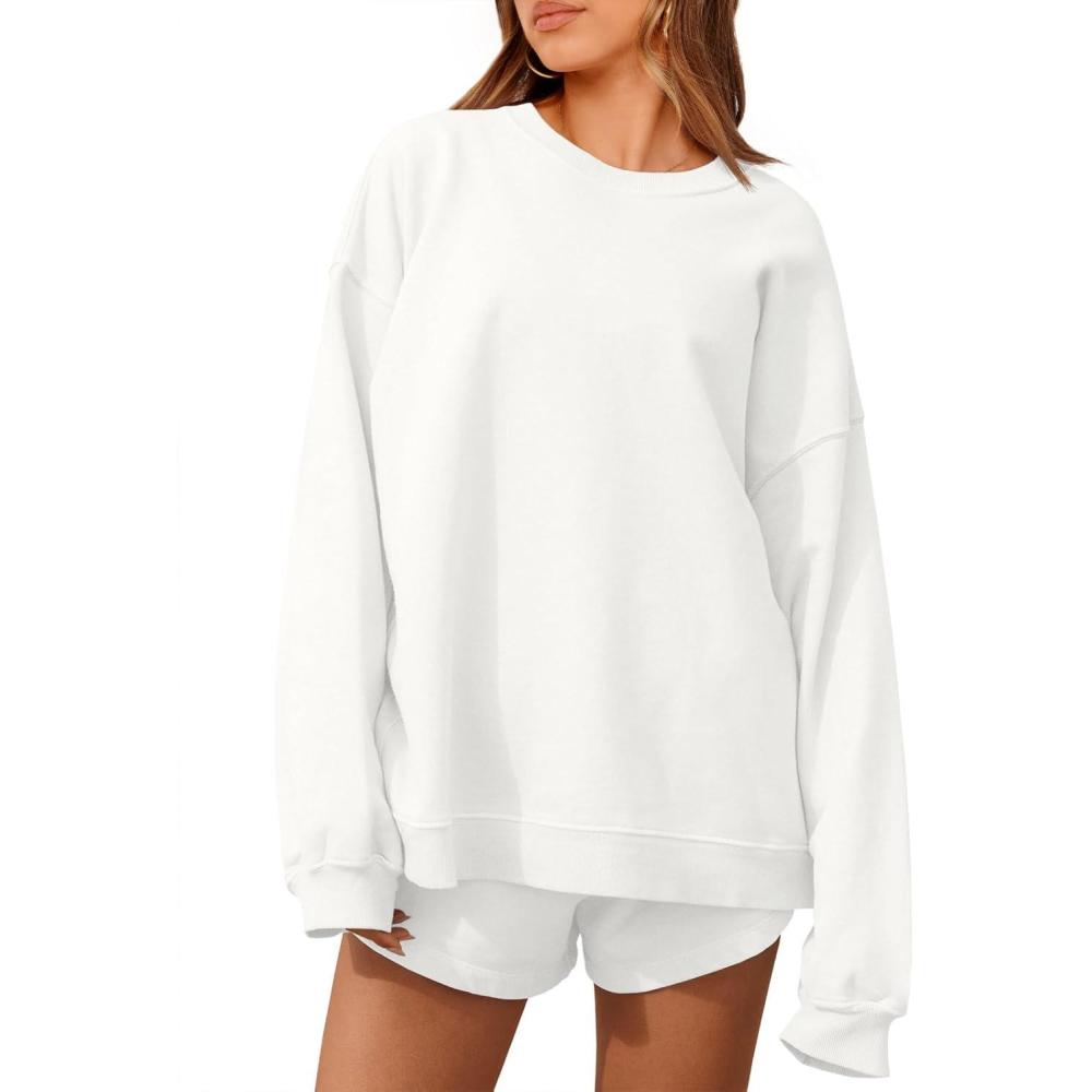 imageTankaneo Womens Oversized 2 Piece Outfits Sweatsuit Casual Long Sleeve Crewneck Sweatshirts Sweat Shorts Fall Lounge SetsWhite