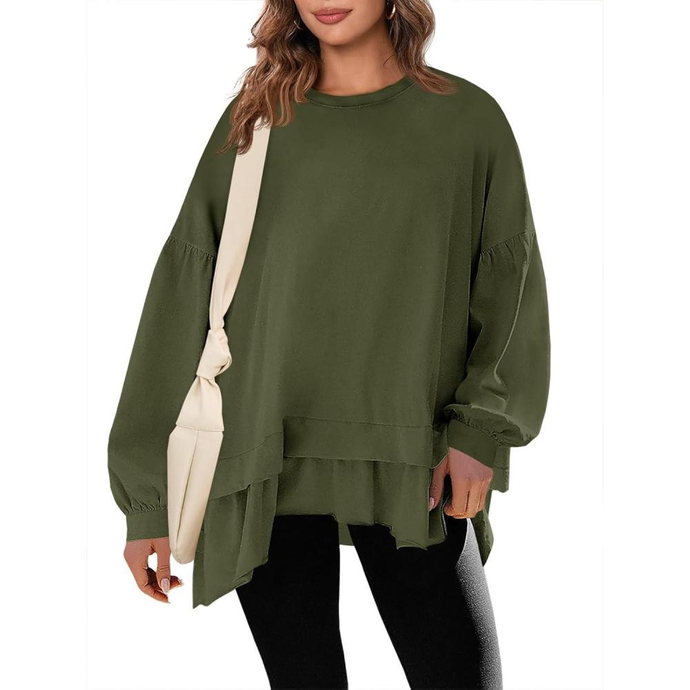 imageTankaneo Womens Oversized Tops Peplum Puff Long Sleeve Shirts Trendy Casual Loose Fit Crew Neck Tunic ShirtsArmy Green