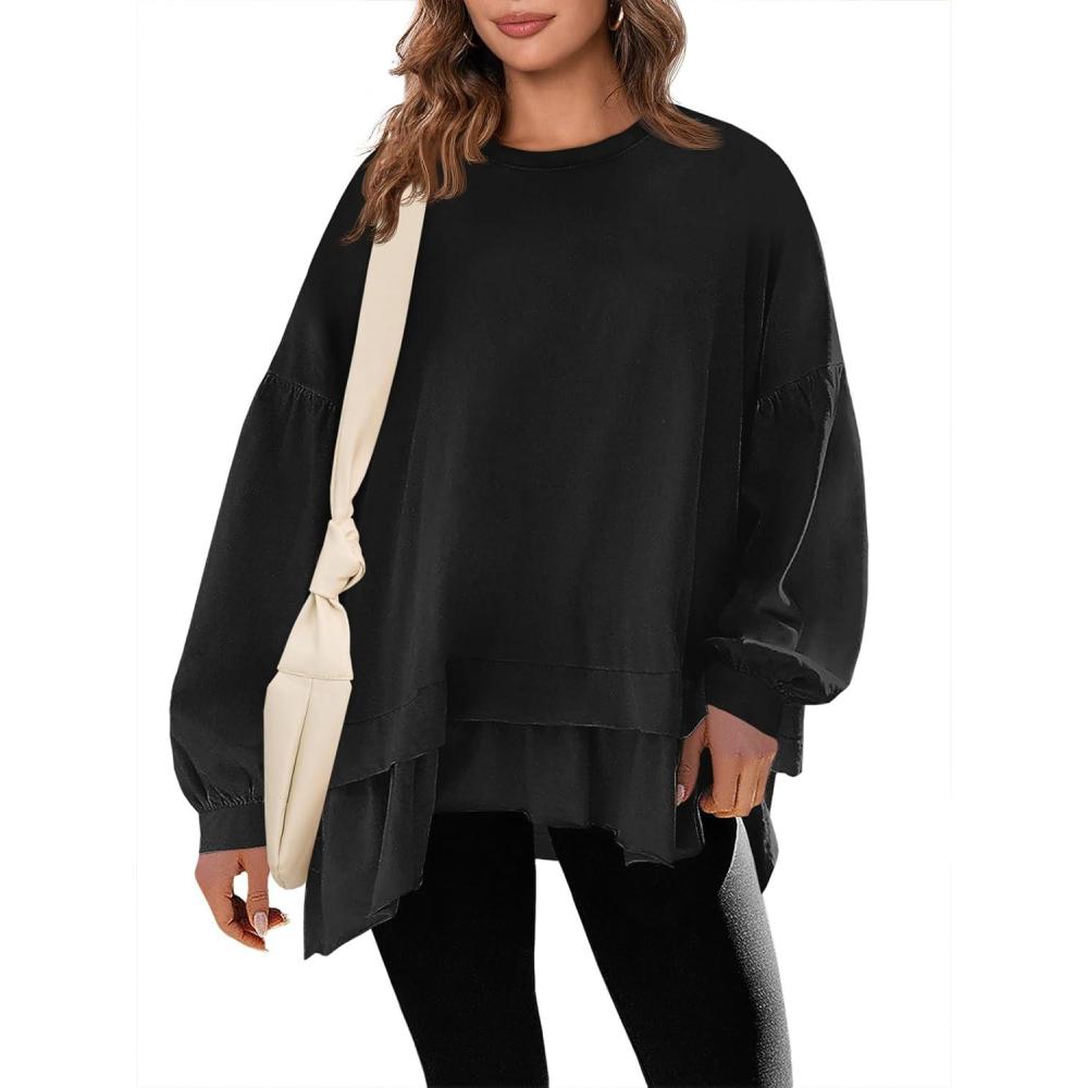 imageTankaneo Womens Oversized Tops Peplum Puff Long Sleeve Shirts Trendy Casual Loose Fit Crew Neck Tunic ShirtsBlack