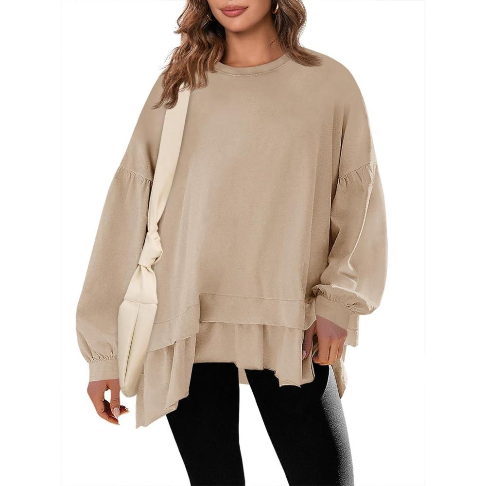 imageTankaneo Womens Oversized Tops Peplum Puff Long Sleeve Shirts Trendy Casual Loose Fit Crew Neck Tunic ShirtsKhaki