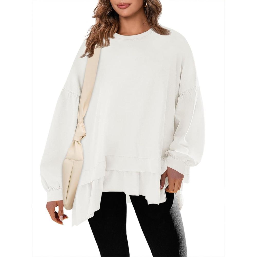 imageTankaneo Womens Oversized Tops Peplum Puff Long Sleeve Shirts Trendy Casual Loose Fit Crew Neck Tunic ShirtsWhite