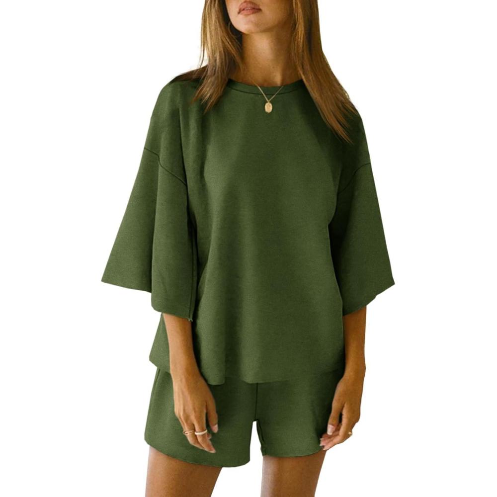 imageTankaneo Womens Pajama Sets 34 Sleeve Oversized Tops and Elastic Waist Shorts Lounge Sets LoungewearArmy Green