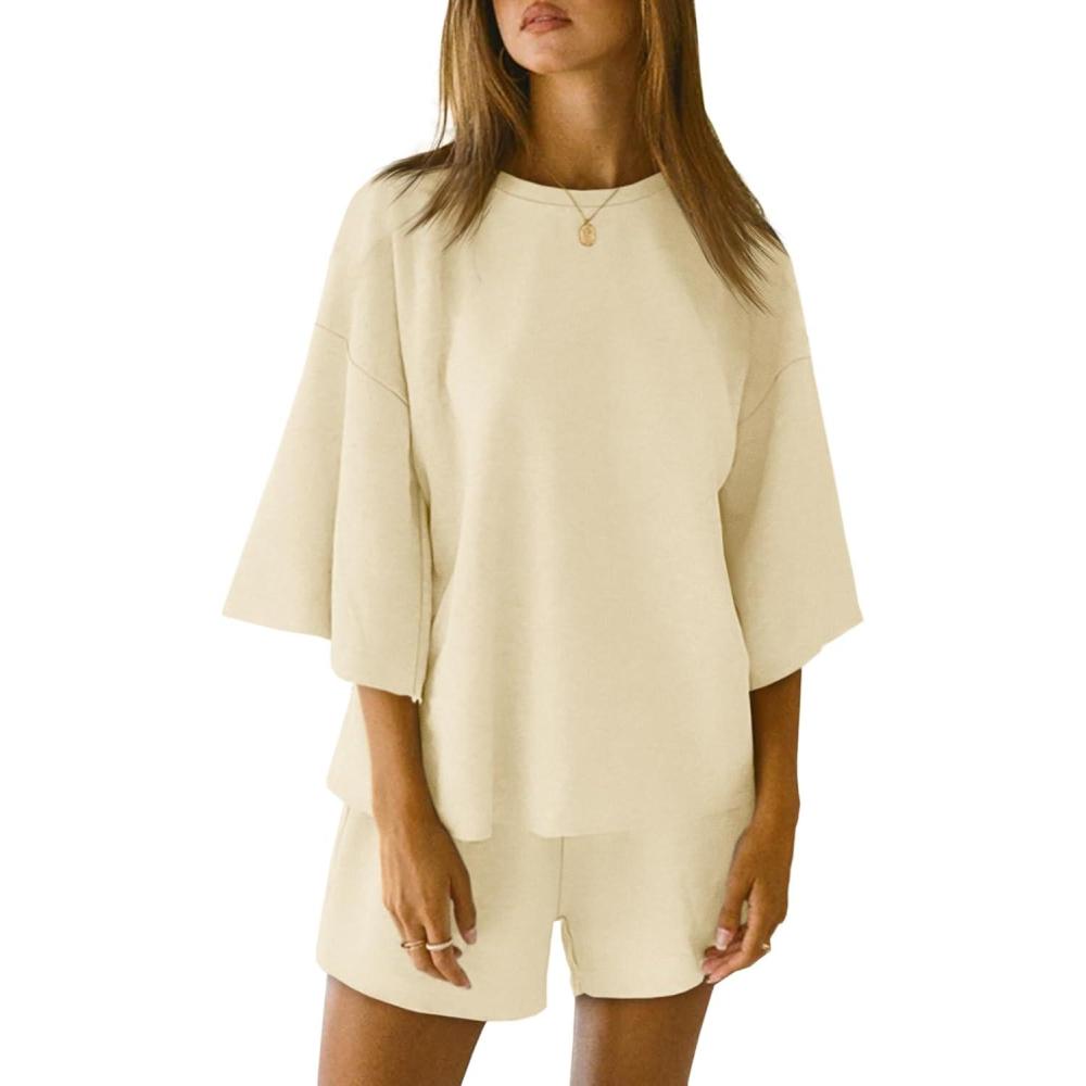 imageTankaneo Womens Pajama Sets 34 Sleeve Oversized Tops and Elastic Waist Shorts Lounge Sets LoungewearBeige