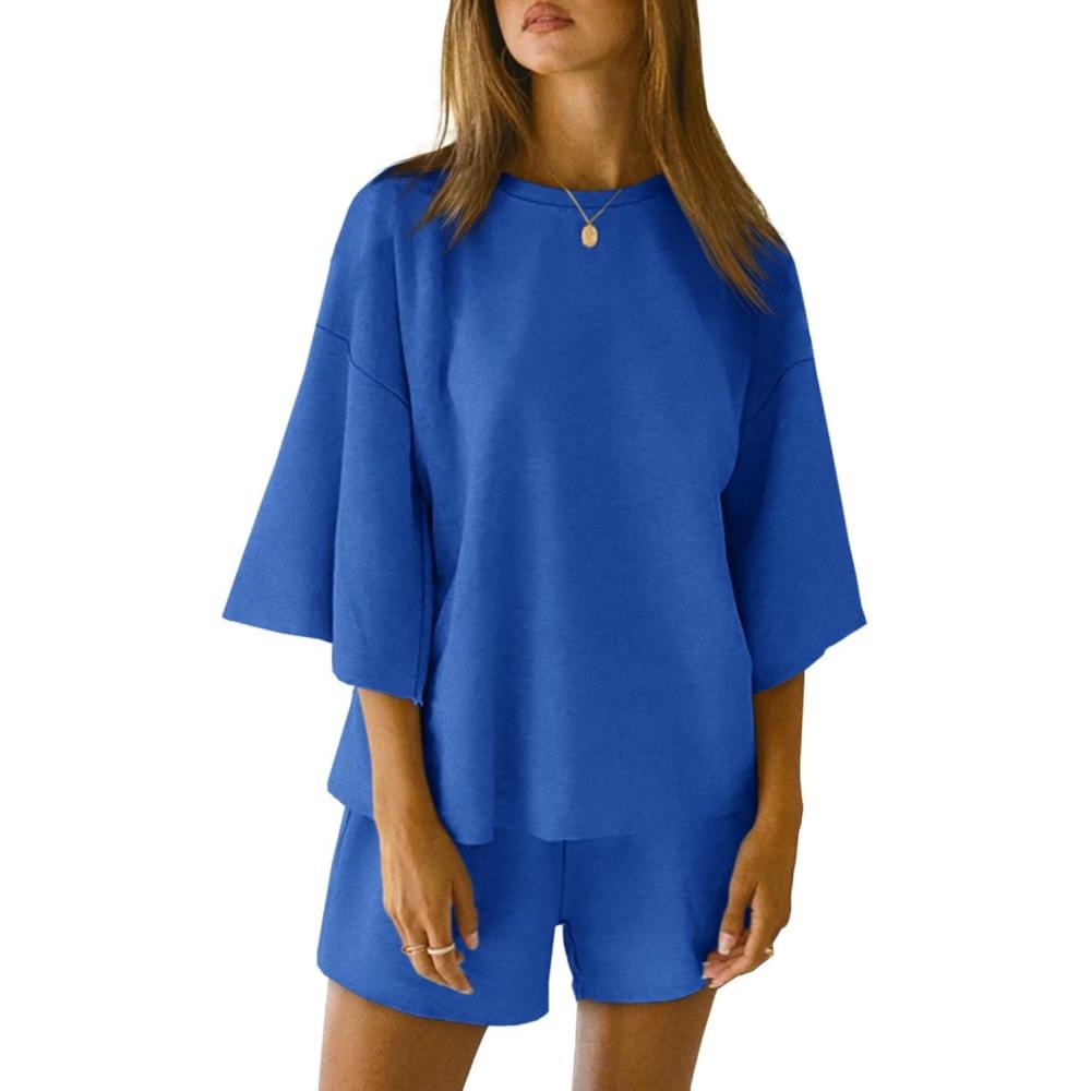 imageTankaneo Womens Pajama Sets 34 Sleeve Oversized Tops and Elastic Waist Shorts Lounge Sets LoungewearBlue