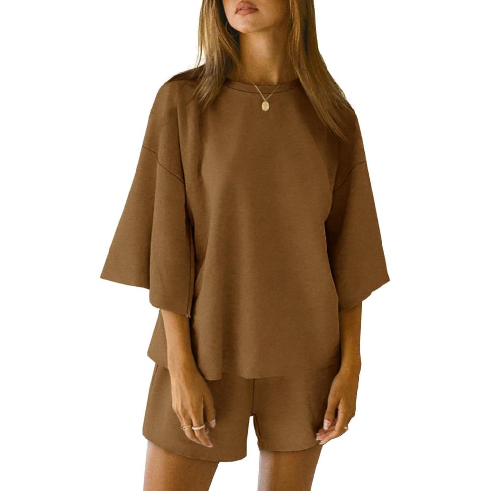 imageTankaneo Womens Pajama Sets 34 Sleeve Oversized Tops and Elastic Waist Shorts Lounge Sets LoungewearBrown