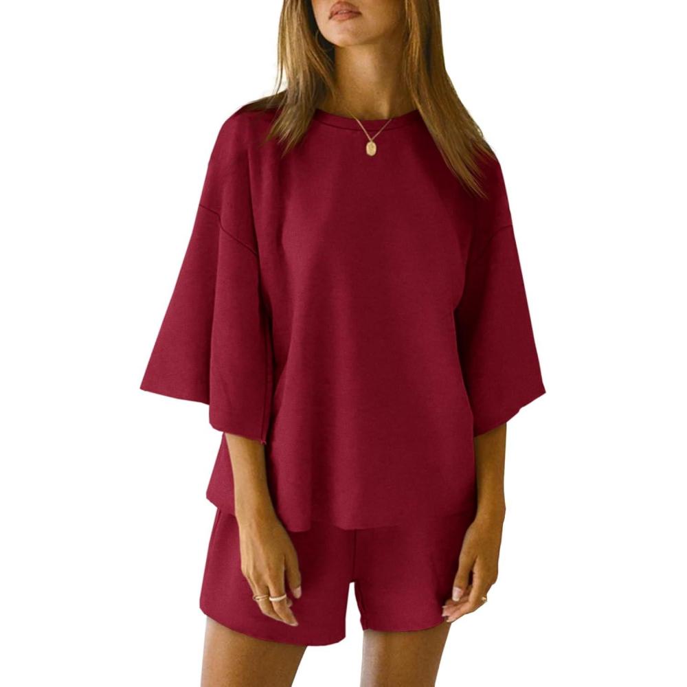 imageTankaneo Womens Pajama Sets 34 Sleeve Oversized Tops and Elastic Waist Shorts Lounge Sets LoungewearBurgundy