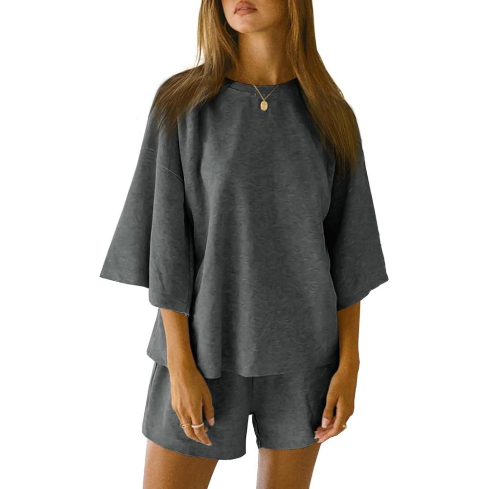 imageTankaneo Womens Pajama Sets 34 Sleeve Oversized Tops and Elastic Waist Shorts Lounge Sets LoungewearDark Grey