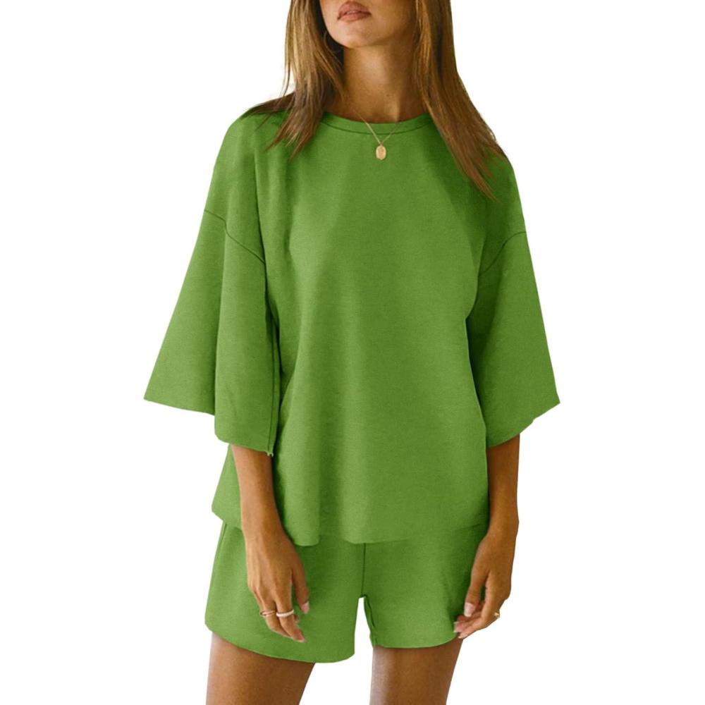 imageTankaneo Womens Pajama Sets 34 Sleeve Oversized Tops and Elastic Waist Shorts Lounge Sets LoungewearGreen