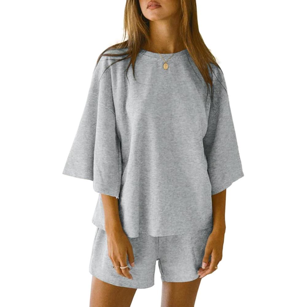 imageTankaneo Womens Pajama Sets 34 Sleeve Oversized Tops and Elastic Waist Shorts Lounge Sets LoungewearGrey