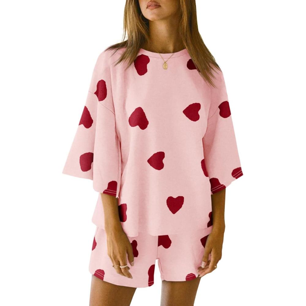 imageTankaneo Womens Pajama Sets 34 Sleeve Oversized Tops and Elastic Waist Shorts Lounge Sets LoungewearHeartpink