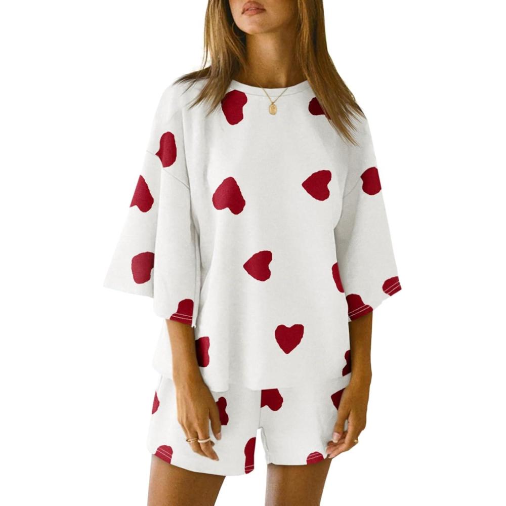 imageTankaneo Womens Pajama Sets 34 Sleeve Oversized Tops and Elastic Waist Shorts Lounge Sets LoungewearHeartwhite