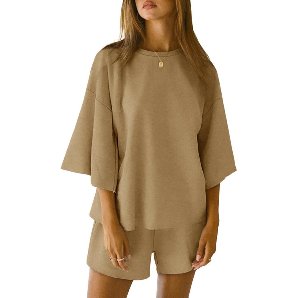 imageTankaneo Womens Pajama Sets 34 Sleeve Oversized Tops and Elastic Waist Shorts Lounge Sets LoungewearKhaki