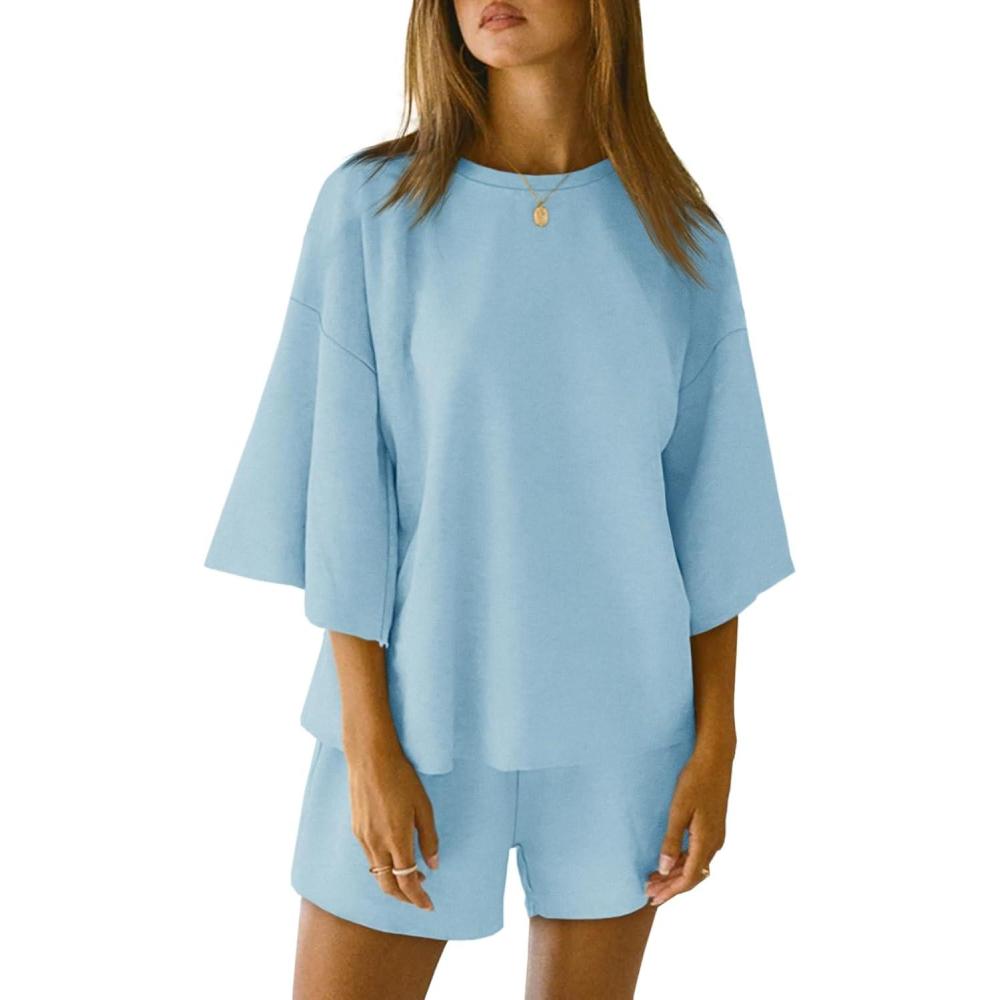 imageTankaneo Womens Pajama Sets 34 Sleeve Oversized Tops and Elastic Waist Shorts Lounge Sets LoungewearLight Blue
