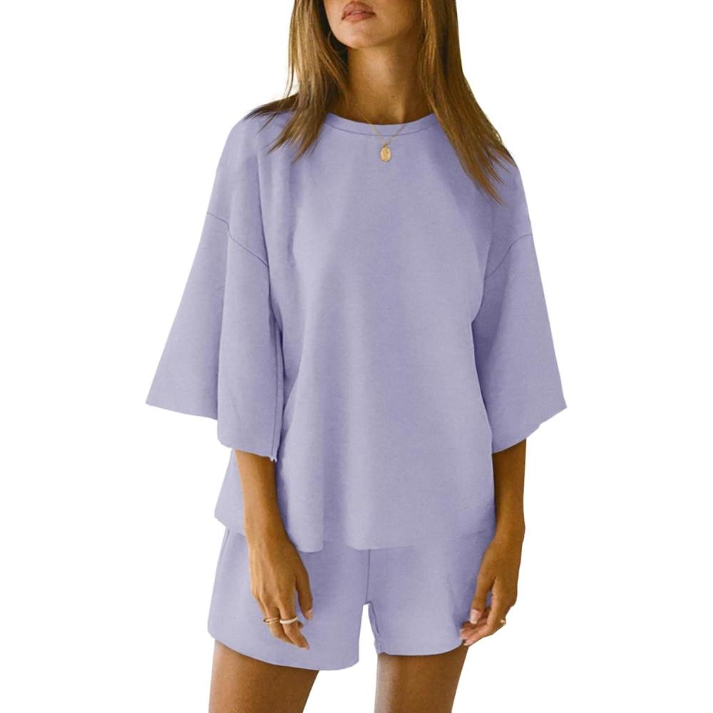 imageTankaneo Womens Pajama Sets 34 Sleeve Oversized Tops and Elastic Waist Shorts Lounge Sets LoungewearLight Purple