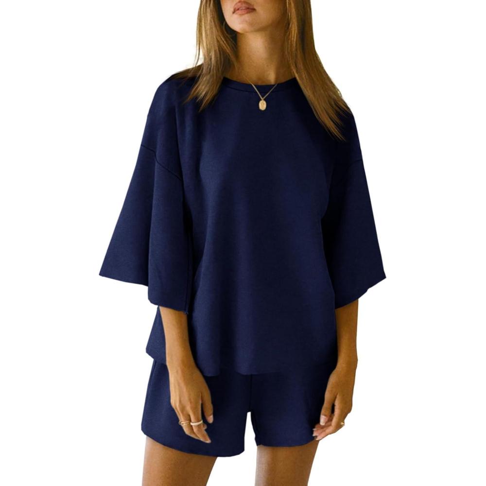 imageTankaneo Womens Pajama Sets 34 Sleeve Oversized Tops and Elastic Waist Shorts Lounge Sets LoungewearNavy