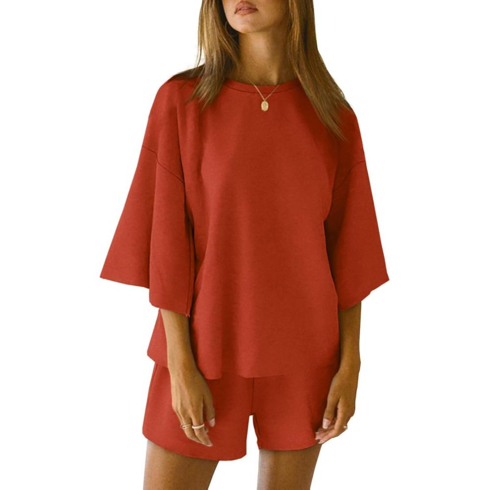 imageTankaneo Womens Pajama Sets 34 Sleeve Oversized Tops and Elastic Waist Shorts Lounge Sets LoungewearOrange