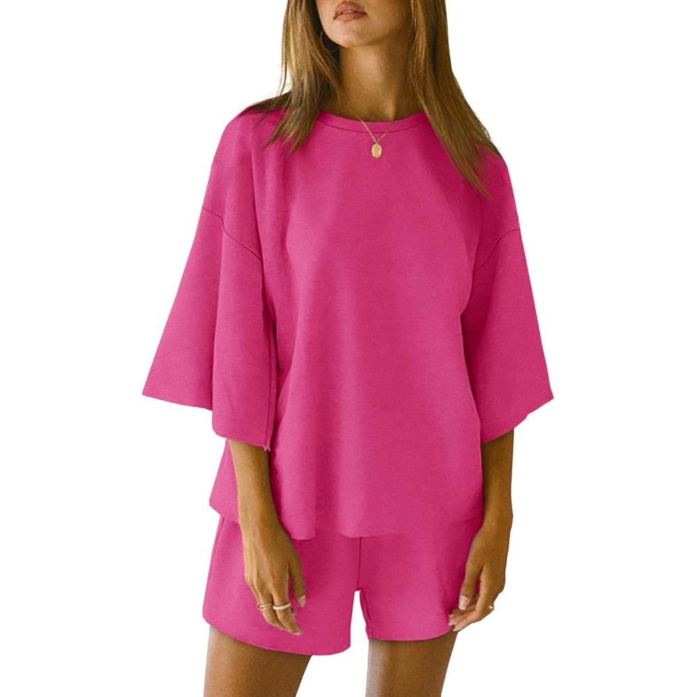 imageTankaneo Womens Pajama Sets 34 Sleeve Oversized Tops and Elastic Waist Shorts Lounge Sets LoungewearRose Red