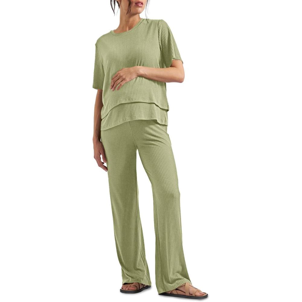 imageTankaneo Womens Postpartum Maternity Pajamas 2 Piece Sets Rib Short Sleeve Nursing Tops and Elastic Waist Pants LoungewearArmy Green