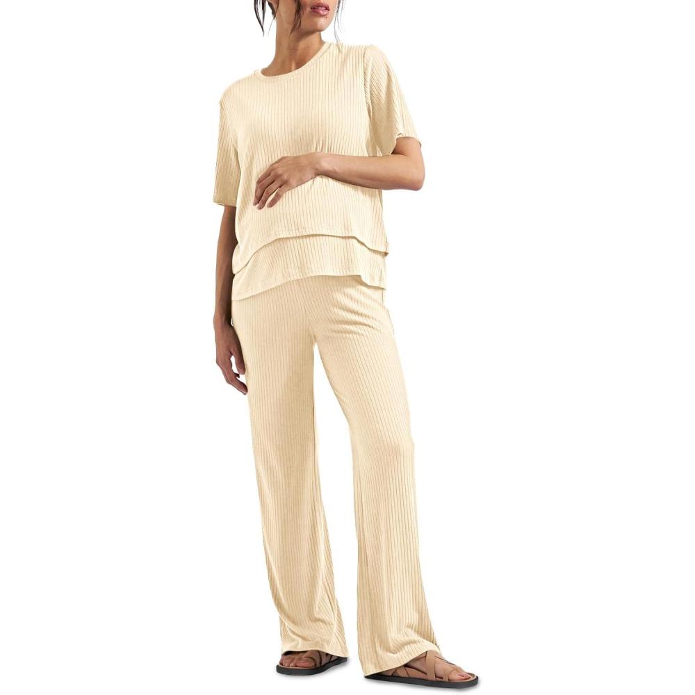 imageTankaneo Womens Postpartum Maternity Pajamas 2 Piece Sets Rib Short Sleeve Nursing Tops and Elastic Waist Pants LoungewearBeige