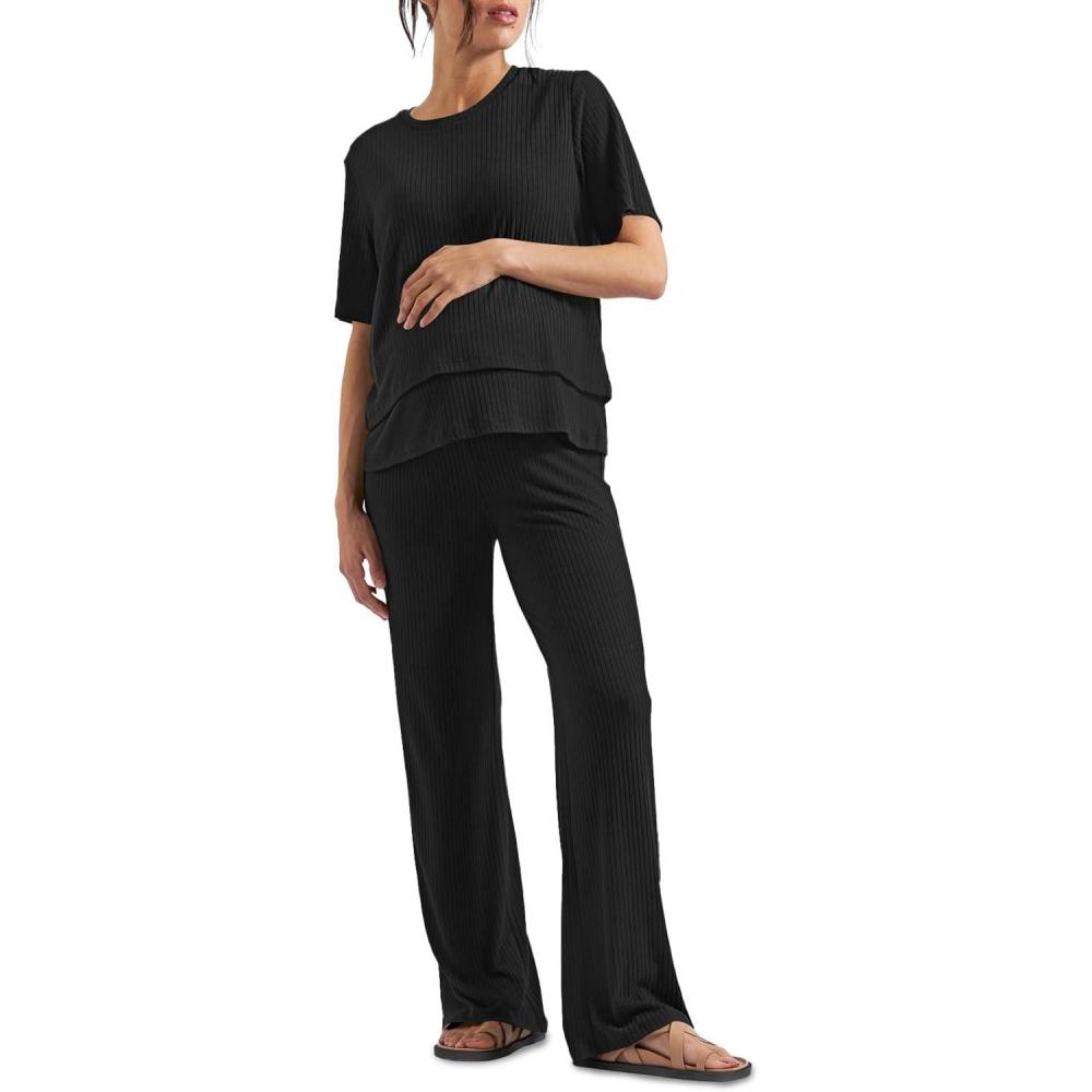 imageTankaneo Womens Postpartum Maternity Pajamas 2 Piece Sets Rib Short Sleeve Nursing Tops and Elastic Waist Pants LoungewearBlack