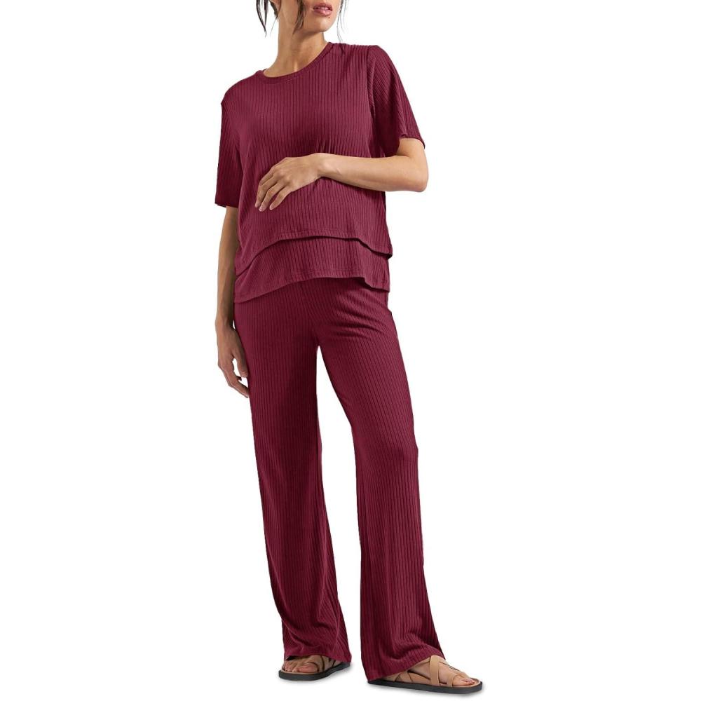 imageTankaneo Womens Postpartum Maternity Pajamas 2 Piece Sets Rib Short Sleeve Nursing Tops and Elastic Waist Pants LoungewearBurgundy