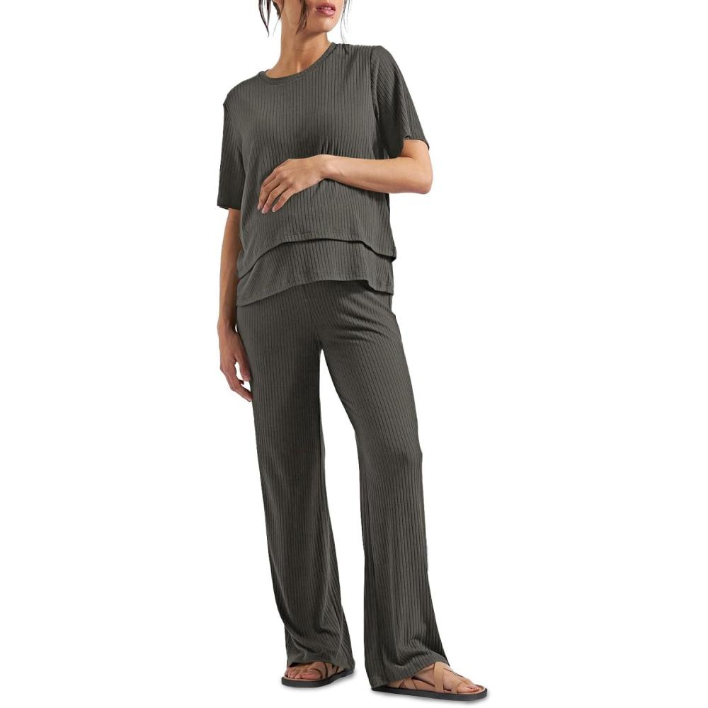 imageTankaneo Womens Postpartum Maternity Pajamas 2 Piece Sets Rib Short Sleeve Nursing Tops and Elastic Waist Pants LoungewearDark Grey