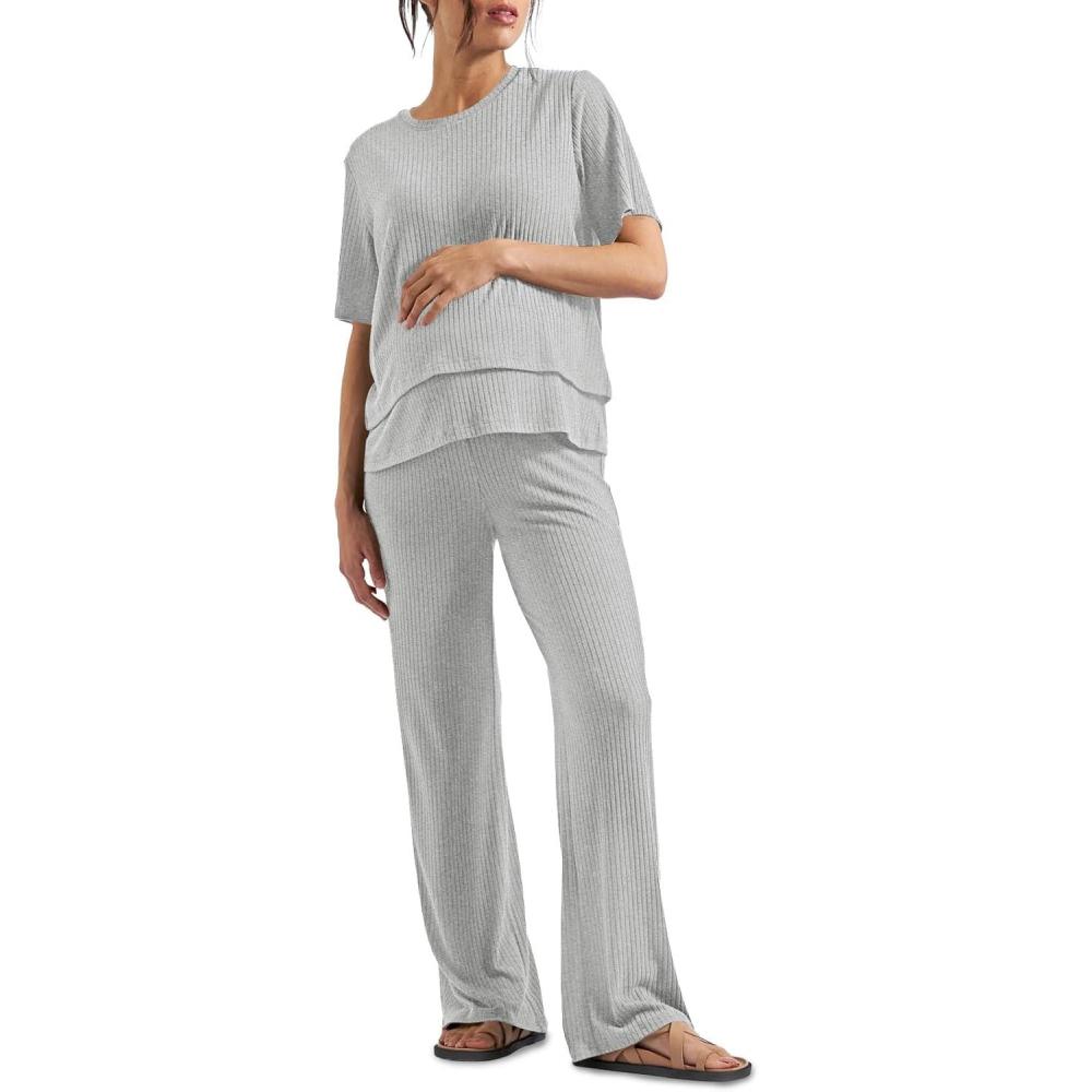 imageTankaneo Womens Postpartum Maternity Pajamas 2 Piece Sets Rib Short Sleeve Nursing Tops and Elastic Waist Pants LoungewearGrey