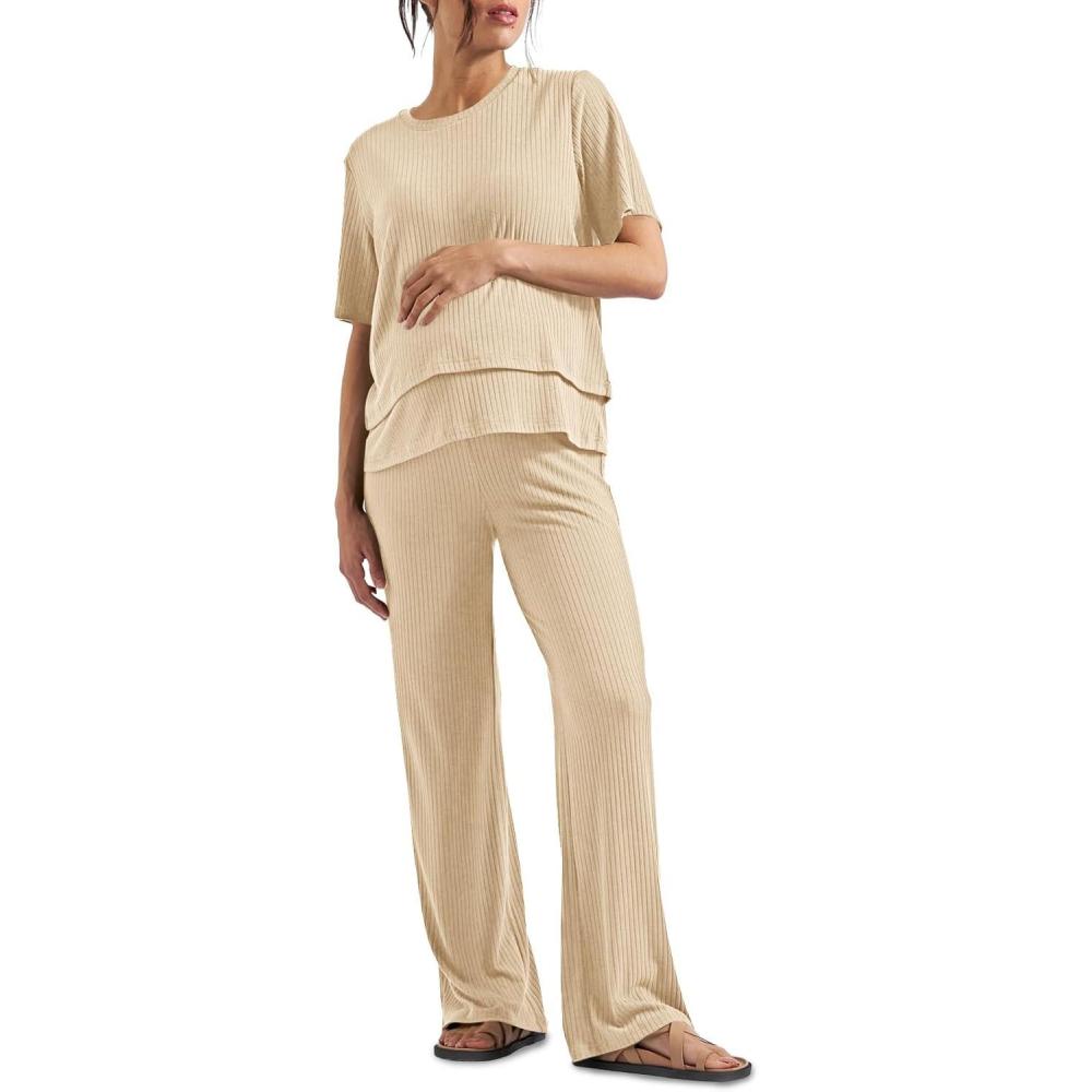 imageTankaneo Womens Postpartum Maternity Pajamas 2 Piece Sets Rib Short Sleeve Nursing Tops and Elastic Waist Pants LoungewearKhaki