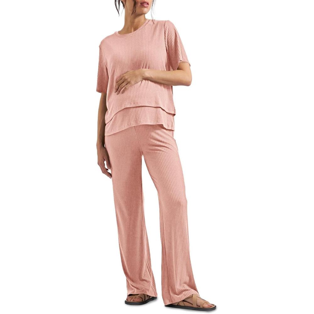 imageTankaneo Womens Postpartum Maternity Pajamas 2 Piece Sets Rib Short Sleeve Nursing Tops and Elastic Waist Pants LoungewearPink