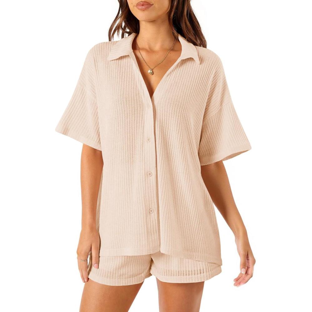 imageTankaneo Womens Ribbed Knit 2 Piece Pajama Sets Button Down Short Sleeve Tops and Shorts Set Summer Casual LoungewearApricot