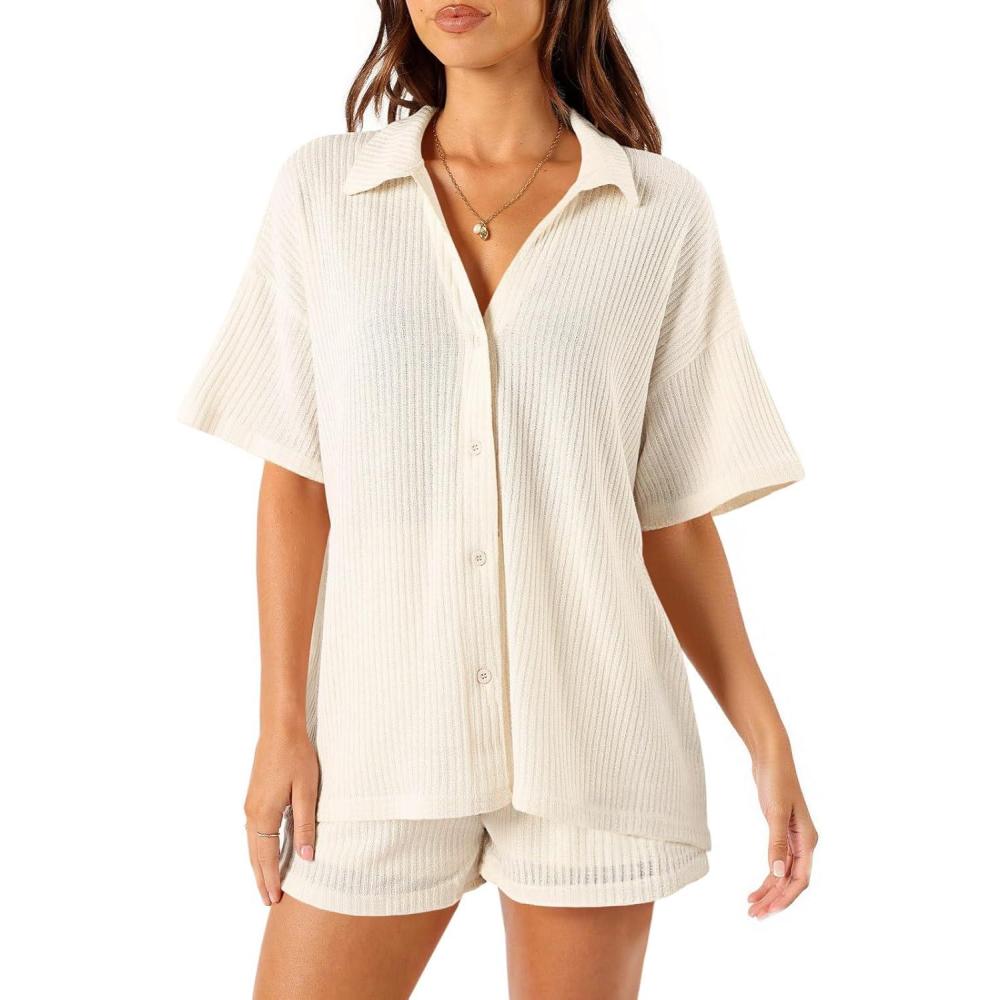 imageTankaneo Womens Ribbed Knit 2 Piece Pajama Sets Button Down Short Sleeve Tops and Shorts Set Summer Casual LoungewearBeige
