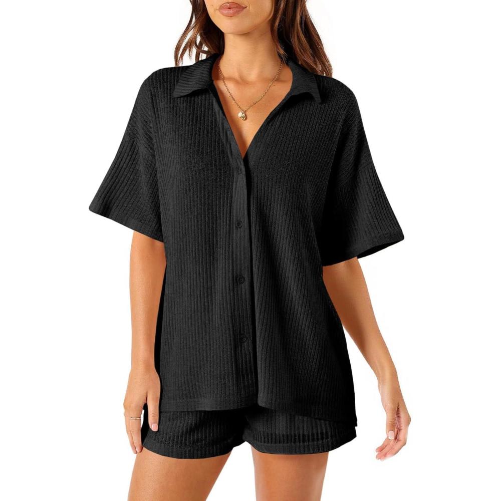 imageTankaneo Womens Ribbed Knit 2 Piece Pajama Sets Button Down Short Sleeve Tops and Shorts Set Summer Casual LoungewearBlack
