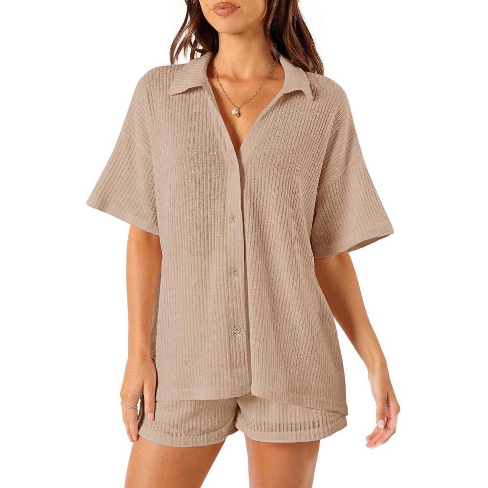 imageTankaneo Womens Ribbed Knit 2 Piece Pajama Sets Button Down Short Sleeve Tops and Shorts Set Summer Casual LoungewearKhaki