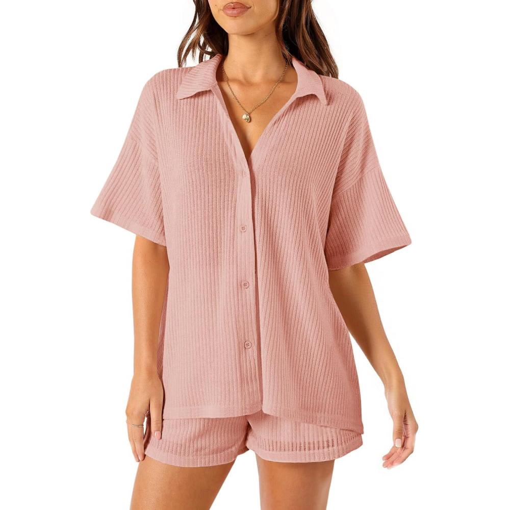 imageTankaneo Womens Ribbed Knit 2 Piece Pajama Sets Button Down Short Sleeve Tops and Shorts Set Summer Casual LoungewearPink