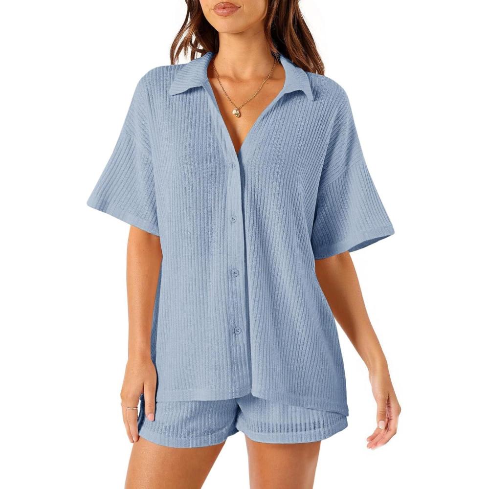 imageTankaneo Womens Ribbed Knit 2 Piece Pajama Sets Button Down Short Sleeve Tops and Shorts Set Summer Casual LoungewearSky Blue
