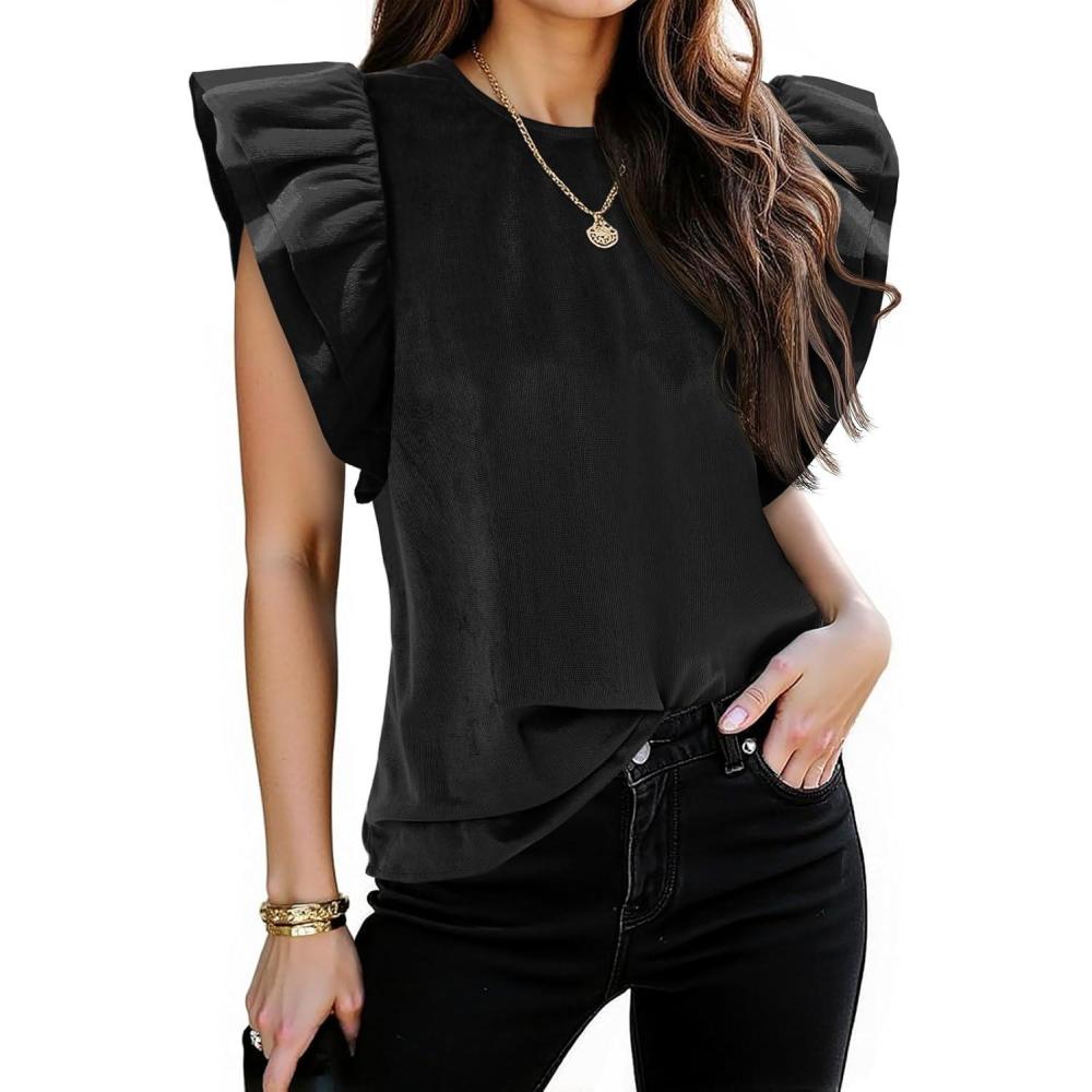 imageTankaneo Womens Ruffle Cap Sleeve Tank Tops Fall Corduroy Sleeveless Shirts Casual Loose Fit Crew Neck TopsBlack