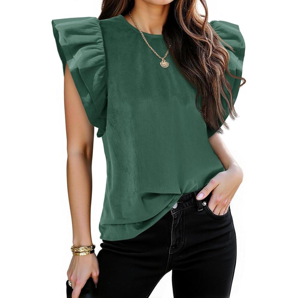 imageTankaneo Womens Ruffle Cap Sleeve Tank Tops Fall Corduroy Sleeveless Shirts Casual Loose Fit Crew Neck TopsDark Green