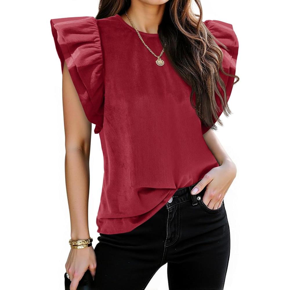 imageTankaneo Womens Ruffle Cap Sleeve Tank Tops Fall Corduroy Sleeveless Shirts Casual Loose Fit Crew Neck TopsWine Red
